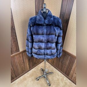 BEAUTIFUL DYED BLUE OMBRÉ DEGRADE REX RABBIT CHINCHILLA FUR COAT JACKET MEDIUM